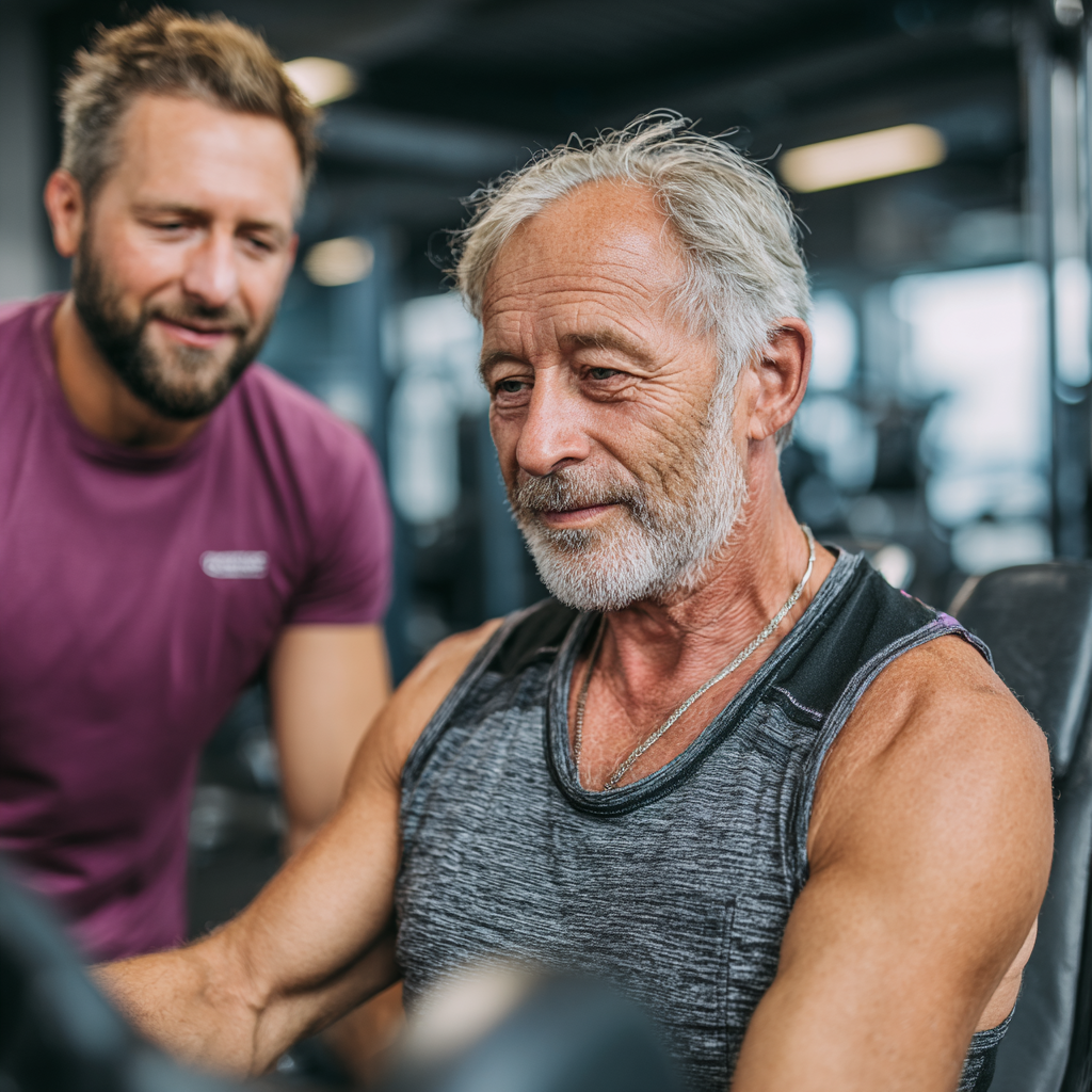 Чоловік 60 років займається з персональним тренером у сучасному фітнес-залі
