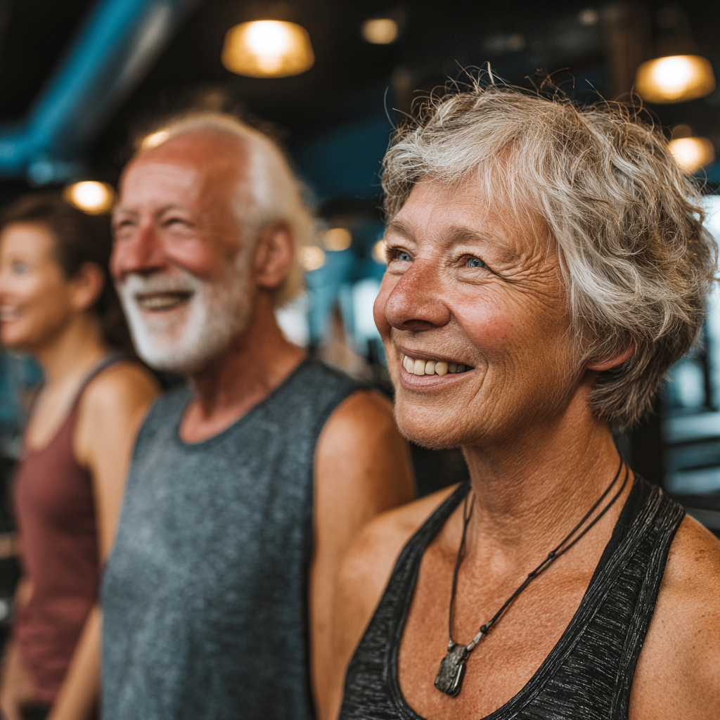 Група людей віком 50-60 років разом тренується у яскравому фітнес-залі, усміхаючись один одному